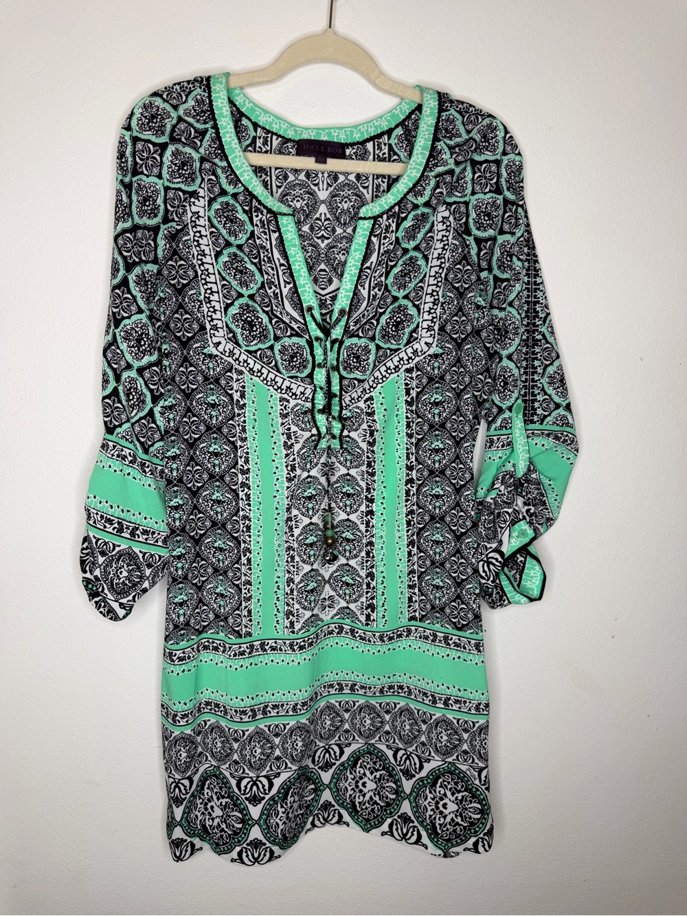 Hale Bob Mint & Black Printed Boho Dress with Tie Neck
